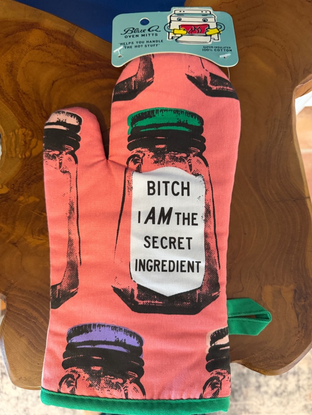 NWT Blue Q Pink Oven Mitt with Green and Black Print